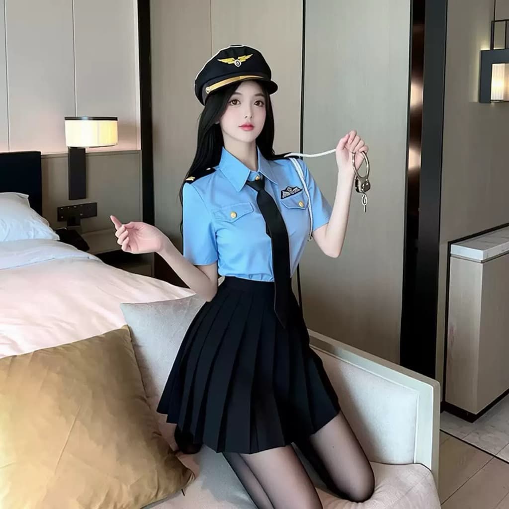 LOVELACE #1016 Pakaian Wanita Kostum Polisi Cosplay + Topi + Dasi 3