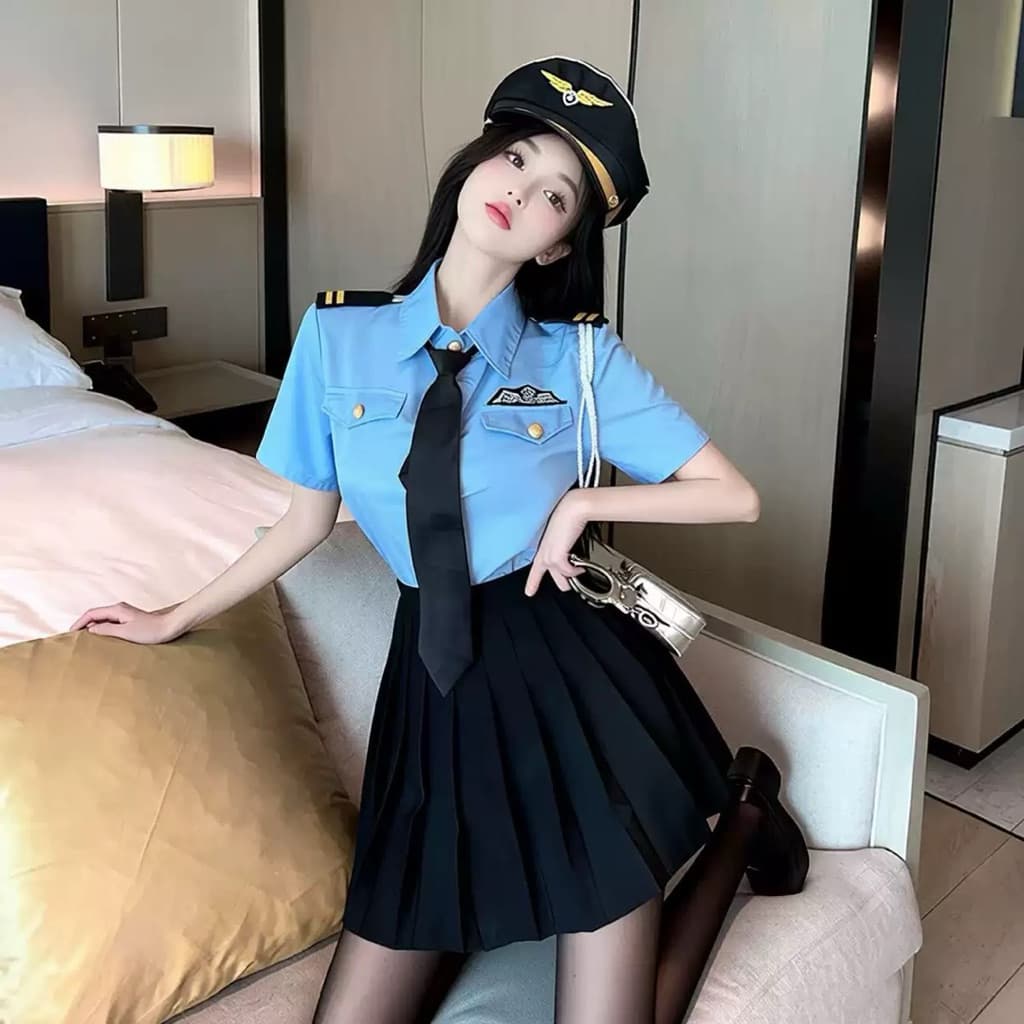 LOVELACE #1016 Pakaian Wanita Kostum Polisi Cosplay + Topi + Dasi