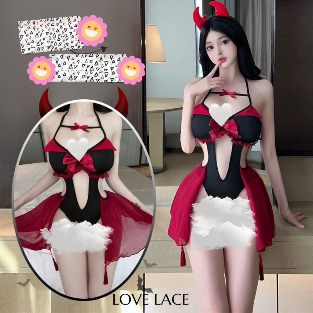 LOVE LACE #2796 One Set Pakaian Sexy Wanita Kostum Devil + Bando